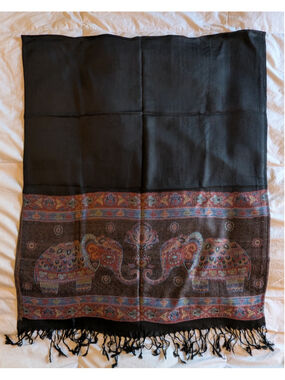 Women's Elephant Print Pashmina Cashmere Scarf Black Multi-color 28"x72"